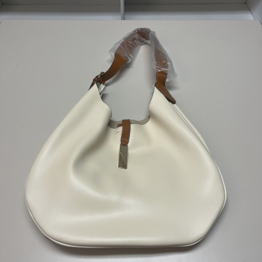 NEW LouLu Cream Colored 23”Purse Plastic-wrapped Brown Handle w Magnetic Closure